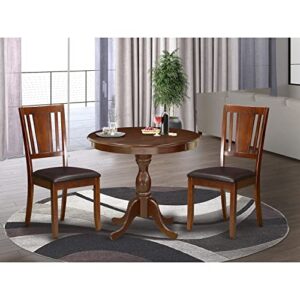 east west furniture amdu3-mah-lc 3 piece modern dining table set contains a round kitchen table with pedestal and 2 faux leather dining room chairs, 36x36 inch, mahogany