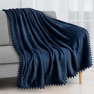 pavilia navy blue throw blanket pom pom for couch bed sofa, fleece soft fuzzy cozy lightweight pompom fringe blanket, decorative boho room home decor gift flannel velvet throw, dark blue, 50x60