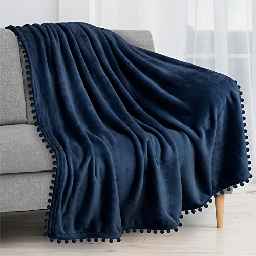 PAVILIA Navy Blue Throw Blanket Pom Pom for Couch Bed Sofa, Fleece Soft Fuzzy Cozy Lightweight Pompom Fringe Blanket, Decorative Boho Room Home Decor Gift Flannel Velvet Throw, Dark Blue, 50x60