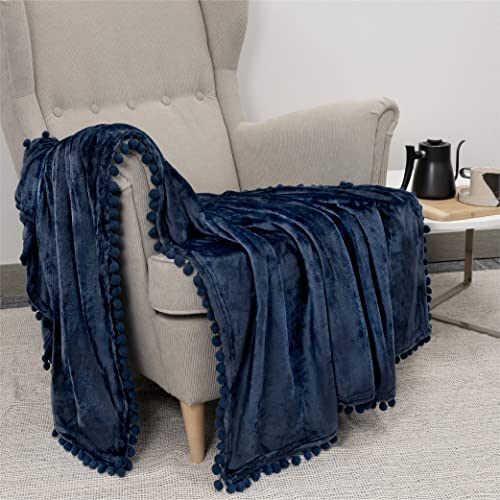 PAVILIA Navy Blue Throw Blanket Pom Pom for Couch Bed Sofa, Fleece Soft Fuzzy Cozy Lightweight Pompom Fringe Blanket, Decorative Boho Room Home Decor Gift Flannel Velvet Throw, Dark Blue, 50x60