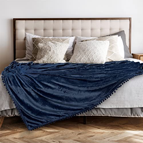 PAVILIA Navy Blue Throw Blanket Pom Pom for Couch Bed Sofa, Fleece Soft Fuzzy Cozy Lightweight Pompom Fringe Blanket, Decorative Boho Room Home Decor Gift Flannel Velvet Throw, Dark Blue, 50x60