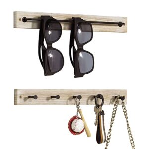 mygift 2 piece set wall mounted wood sunglasses organizer rack and coat hook wall rack in whitewashed finish with metal hardware, entryway eyeglass hanger rail and key hooks