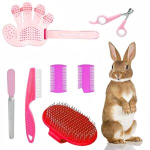 7 pieces rabbit grooming kit with rabbit grooming brush, small pet nail clippers and pet hair remover, pet shampoo bath brush with adjustable ring hand strap for small rabbit, hamster, bunny