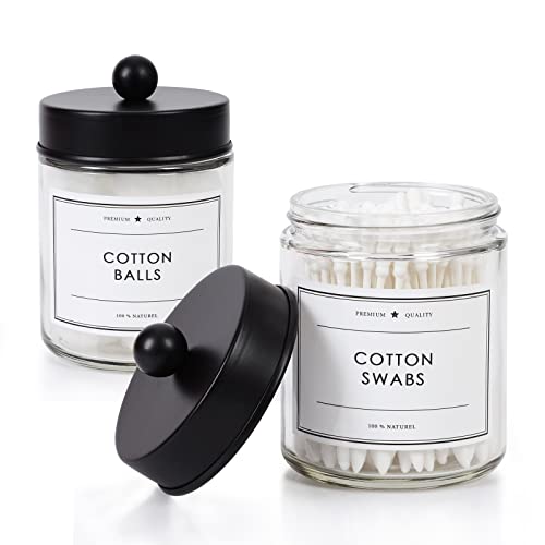 KUSVADO 2-Pack Bathroom Apothecary Storage Jars, Vanity Countertop Canister, Glass Jars Q-tip Holder, Cotton Swab Container, Bathroom Storage Container with 8 Pcs Waterproof Labels (9 Oz, Clear)