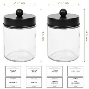 KUSVADO 2-Pack Bathroom Apothecary Storage Jars, Vanity Countertop Canister, Glass Jars Q-tip Holder, Cotton Swab Container, Bathroom Storage Container with 8 Pcs Waterproof Labels (9 Oz, Clear)