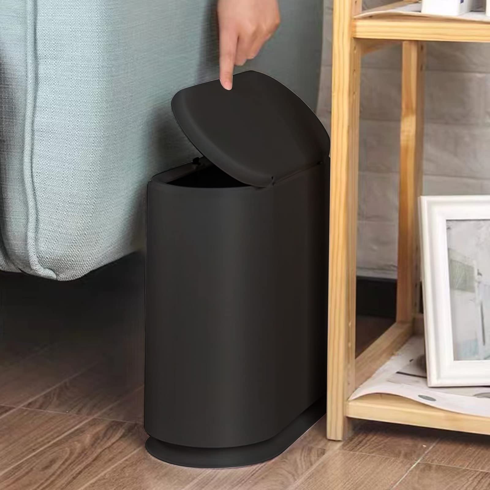 Press Type Plastic Trash Can, 10L Large Capacity Rectangular Trash Can with Lid, Double Trash Can with Carrying Handle, Garbage can for Living Room, Bedroom, Bathroom, Kitchen and Office (Black)