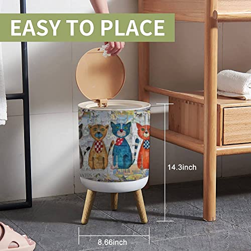 IBPNKFAZ89 Small Trash Can with Lid Cats Watercolors on Paper Garbage Bin Wood Waste Bin Press Cover Round Wastebasket for Bathroom Bedroom Kitchen 7L/1.8 Gallon, 8.66x14.3inch