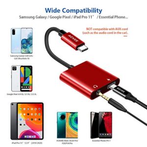 AGVEE 2-in-1 USB-C to 3.5mm Microphone Headphone Adapter, Type-C Mic AUX Earbud Splitter, USBC Audio Earphone Converter, PD 27W Charger Dongle for Samsung S21 S20 Note 20/10, iPad Pro, Pixel, Red