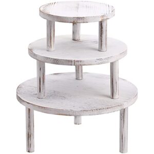 Elsjoy Set of 3 Wooden Cake Stand Round Dessert Display Riser, Stackable Cupcake Stand with Legs, Whitewashed Shabby Retail Bakery Serving Stand for Table Centerpieces, Wedding, Birthday, Party Decor