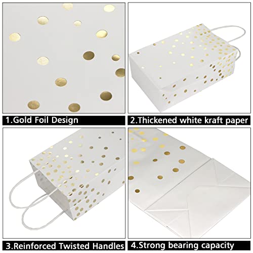 ECOHOLA White and Gold Foil Paper Gift Bags with Handles, 25 Pieces Party Favor Bags Birthday Bags Wedding Bags Christmas Gift Bags New Year Gift Wrapping Bags, 9"x5.5"x3.2