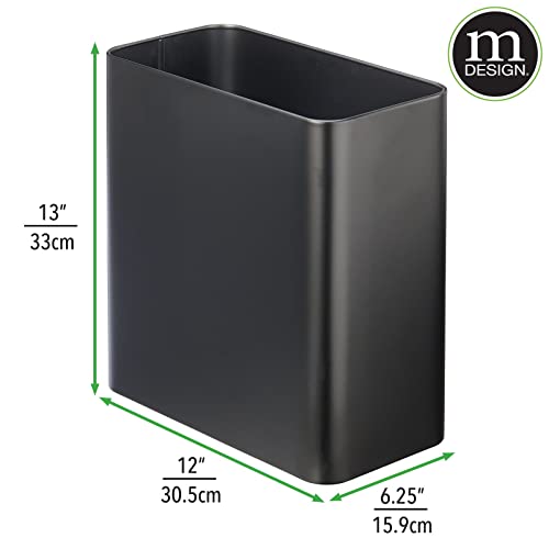 mDesign Stainless Steel Slim Rectangular Modern Metal 2.6 Gallon/10 Liter Trash Can Wastebasket, Garbage Container Bin for Bathroom, Bedroom, Kitchen, Home Office; Holds Waste, Recycling - Black