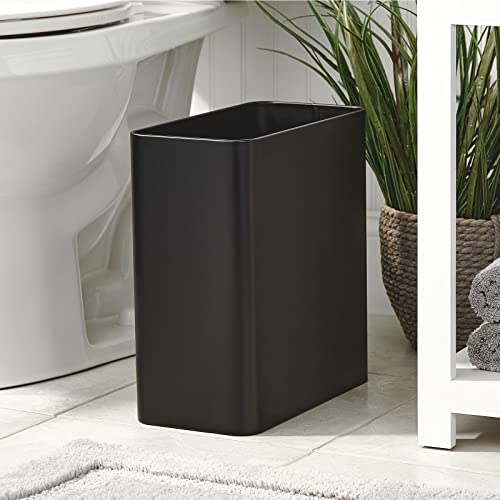 mDesign Stainless Steel Slim Rectangular Modern Metal 2.6 Gallon/10 Liter Trash Can Wastebasket, Garbage Container Bin for Bathroom, Bedroom, Kitchen, Home Office; Holds Waste, Recycling - Black