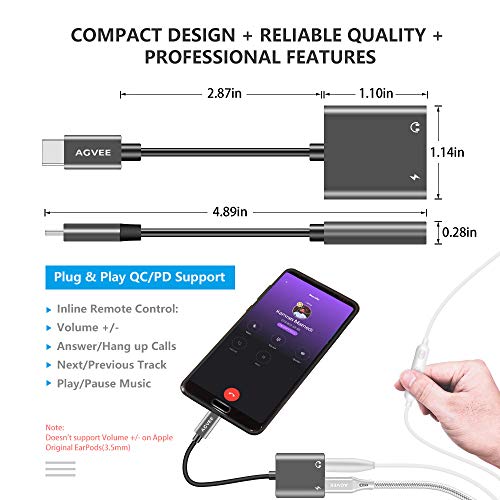 AGVEE USB-C to 3.5mm Headphone Adapter, Type-C Aux Jack Earbuds Splitter, USBC Audio TRRS Mic Earphones Dongle, PD 30W Charging Converter for Samsung S21 S20, Note 20 10, Pixel 2 3 4 XL, Gray