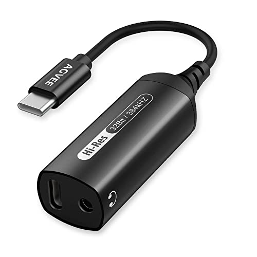 AGVEE 32Bit 384Khz USB-C to 3.5mm Headphone Adapter, Type-C Aux Jack Earbuds Splitter, USBC Audio Earphones Dongle, PD 30W Charging Converter for Samsung S21 S20, Note 20 10, Pixel 2 3 4 5, Black