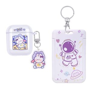 fycyko compatible with airpods 2 case clear cute cartoon rabbit keychain protective cover space astronaut purple pattern card cover credit card id window design for airpods 2 &1