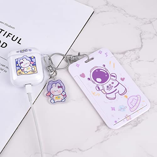 Fycyko Compatible with AirPods 2 Case Clear Cute Cartoon Rabbit Keychain Protective Cover Space Astronaut Purple Pattern Card Cover Credit Card ID Window Design for AirPods 2 &1