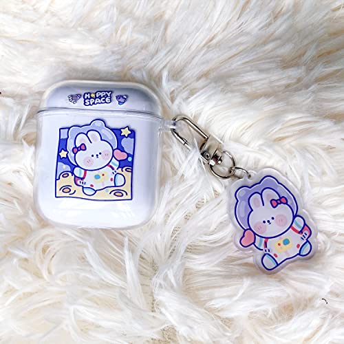 Fycyko Compatible with AirPods 2 Case Clear Cute Cartoon Rabbit Keychain Protective Cover Space Astronaut Purple Pattern Card Cover Credit Card ID Window Design for AirPods 2 &1