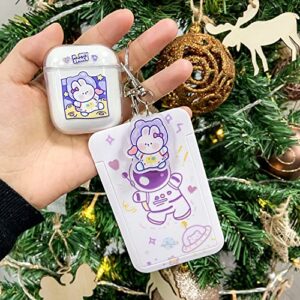 Fycyko Compatible with AirPods 2 Case Clear Cute Cartoon Rabbit Keychain Protective Cover Space Astronaut Purple Pattern Card Cover Credit Card ID Window Design for AirPods 2 &1