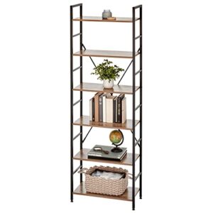 mdesign industrial metal/wood 6 tier bookshelf, tall modern etagere bookcase shelving furniture unit for books, plants, pictures, rustic storage for bedroom, living room, or office, black/gray wash
