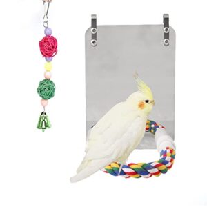tylu 6.6 inch bird mirror for cage parakeet mirror with rope perch, bird cage mirror stand swing toys for cockatiel lovebirds parrot cockatoo conures finch canaries, with ornaments
