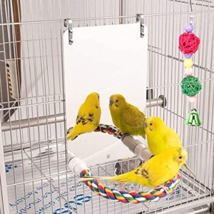 Tylu 6.6 inch Bird Mirror for Cage Parakeet Mirror with Rope Perch, Bird Cage Mirror Stand Swing Toys for Cockatiel Lovebirds Parrot Cockatoo Conures Finch Canaries, with ornaments