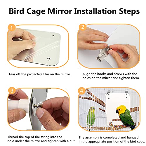 Tylu 6.6 inch Bird Mirror for Cage Parakeet Mirror with Rope Perch, Bird Cage Mirror Stand Swing Toys for Cockatiel Lovebirds Parrot Cockatoo Conures Finch Canaries, with ornaments