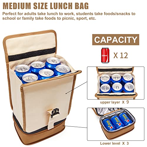 SUNNY BIRD Insulated Dual Compartment Lunch Bag Expandable Roll Top Lunch Box for Adult Women Girl Teen (White, Medium)