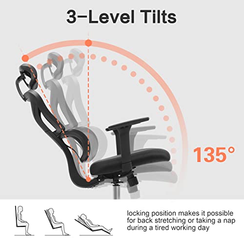 FelixKing Ergonomic Office Chair, Home Office Rolling Swivel Chair Mesh High Back Desk Chair with 3D Adjustable Armrest & Lumbar Support, Swivel Computer Chair with Headrest (Black)