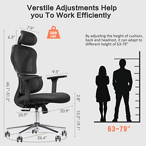 FelixKing Ergonomic Office Chair, Home Office Rolling Swivel Chair Mesh High Back Desk Chair with 3D Adjustable Armrest & Lumbar Support, Swivel Computer Chair with Headrest (Black)