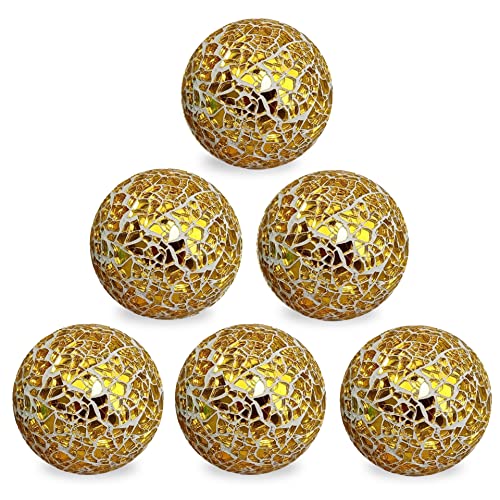 v2croft 2.4 in Decorative Orbs Glass Balls Set of 6,Mosaic Sphere Globe for Whole Housewares,Wedding/Birthday,Bowls,Vases Dining Table Centerpieces (Gold)