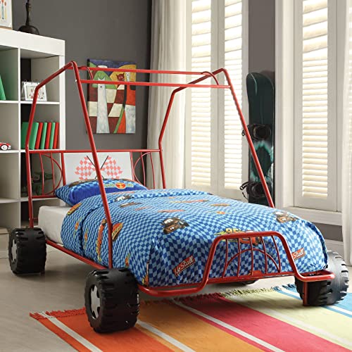 HABITRIO Twin Bed Frame, Racer Cart Design Metal Structure Canopy Twin Size Platform Bed with Headboard, Sturdy Slat System, No Box Spring Needed, Fit for Kids Teens Bedroom, Red