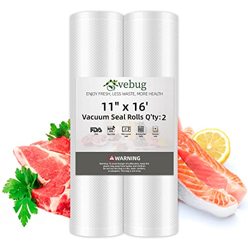 VEBUG Vacuum Sealer Bags, 2 Pack 11’’x16’Vacuum Sealer Bags Rolls, Seal a Meal, Commercial Grade, BPA-Free, Food Vac Bags for Storage, Meal Prep or Sous Vide