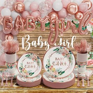 ecomore baby shower decorations for girl - 249 pcs baby girl gender reveal party supplies & disposable dinnerware set (25 guest) with pink rose gold floral paper plates backdrop tablecloth balloon kit