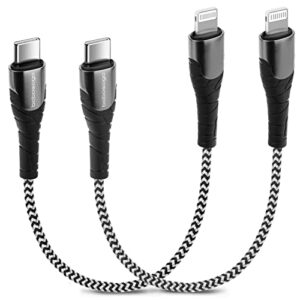 usb c to lightning cable short, [apple mfi certified] 2pack 1ft iphone type c fast charger braided cord for iphone 14 13 pro max 12 pro max 11 pro max se xs xr x 8 plus, ipad (black+grey)