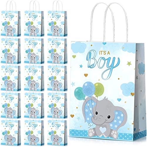 Zonon 16 Packs Baby Shower Present Bags Baby Shower Elephant Party Bags Baby Goodie Bags Elephant Themed Party Favors Bags with Handle for Kids Birthday Baby Shower Party Supplies (Boy Style)