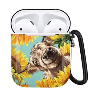 sunflower cow airpods case compatiable with airpods 1 & 2 - airpods cover with key chain, full protective durable shockproof personalize wireless headphone case…