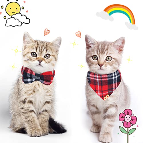 Cat Collar Breakaway with Bow Tie and Bell,2 Pcs Classic Design Adjustable from 7.5-10.8Inch Safety Cat Collar Bells Set,Comfortable Kitten Collar with Removable Bowtie For Cat Kitten(Red bow+bandana)