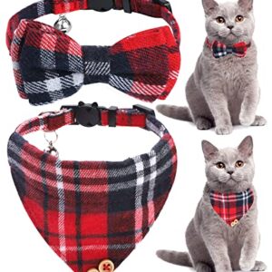 Cat Collar Breakaway with Bow Tie and Bell,2 Pcs Classic Design Adjustable from 7.5-10.8Inch Safety Cat Collar Bells Set,Comfortable Kitten Collar with Removable Bowtie For Cat Kitten(Red bow+bandana)