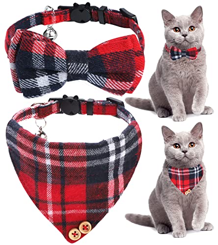 Cat Collar Breakaway with Bow Tie and Bell,2 Pcs Classic Design Adjustable from 7.5-10.8Inch Safety Cat Collar Bells Set,Comfortable Kitten Collar with Removable Bowtie For Cat Kitten(Red bow+bandana)