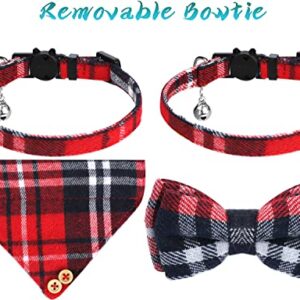 Cat Collar Breakaway with Bow Tie and Bell,2 Pcs Classic Design Adjustable from 7.5-10.8Inch Safety Cat Collar Bells Set,Comfortable Kitten Collar with Removable Bowtie For Cat Kitten(Red bow+bandana)