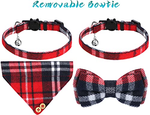 Cat Collar Breakaway with Bow Tie and Bell,2 Pcs Classic Design Adjustable from 7.5-10.8Inch Safety Cat Collar Bells Set,Comfortable Kitten Collar with Removable Bowtie For Cat Kitten(Red bow+bandana)