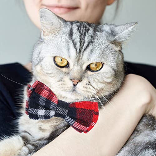 Cat Collar Breakaway with Bow Tie and Bell,2 Pcs Classic Design Adjustable from 7.5-10.8Inch Safety Cat Collar Bells Set,Comfortable Kitten Collar with Removable Bowtie For Cat Kitten(Red bow+bandana)