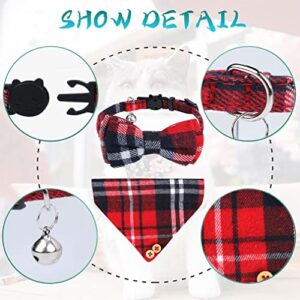Cat Collar Breakaway with Bow Tie and Bell,2 Pcs Classic Design Adjustable from 7.5-10.8Inch Safety Cat Collar Bells Set,Comfortable Kitten Collar with Removable Bowtie For Cat Kitten(Red bow+bandana)