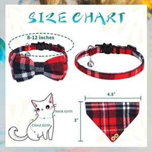 Cat Collar Breakaway with Bow Tie and Bell,2 Pcs Classic Design Adjustable from 7.5-10.8Inch Safety Cat Collar Bells Set,Comfortable Kitten Collar with Removable Bowtie For Cat Kitten(Red bow+bandana)