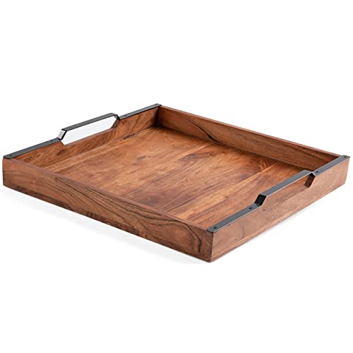 BIRDROCK HOME Wooden Serving Tray with Handles - Farmhouse Decor - Square Top Breakfast Trays - Tea Cheese Board - Coffee Table - Natural Acacia Wood - Kitchen - Bar