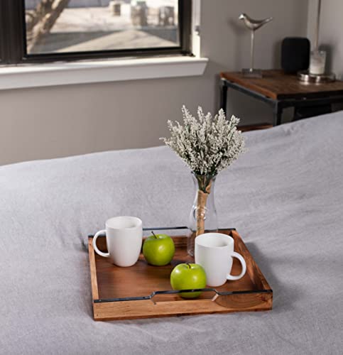 BIRDROCK HOME Wooden Serving Tray with Handles - Farmhouse Decor - Square Top Breakfast Trays - Tea Cheese Board - Coffee Table - Natural Acacia Wood - Kitchen - Bar