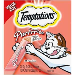 temptations creamy puree with salmon lickable, squeezable cat treats, 0.42 oz pouches, 24 count