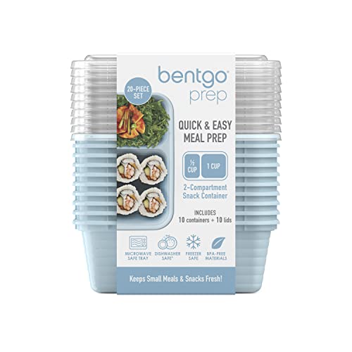 Bentgo® Prep - 2-Compartment Snack Containers with Custom-Fit Lids - Reusable, Microwaveable, Durable BPA -Free, Freezer and Dishwasher-Safe Meal Prep Food Storage - 10 Trays & 10 Lids (Sky)