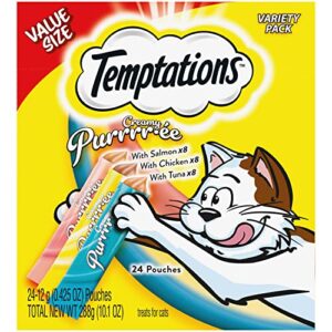 temptations creamy puree with chicken, salmon, and tuna, variety pack of lickable cat treats, 0.42 oz pouches, 24 count