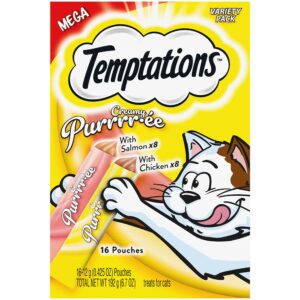 temptations creamy puree with chicken and salmon variety pack of lickable, squeezable cat treats, 0.42 oz pouches, 16 count